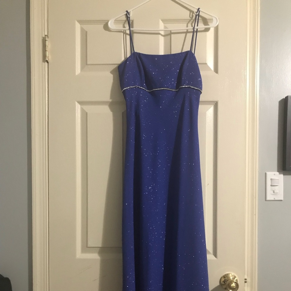 Blue sparkly prom dress.